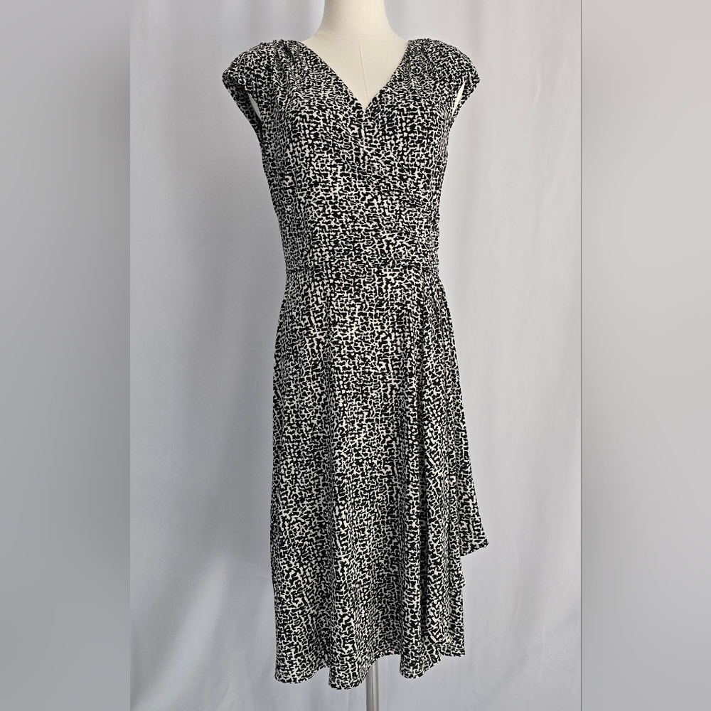 Lauren Ralph Lauren Cap Sleeve Jersey V-Neck Faux Wrap Midi Dress B&W Print 6